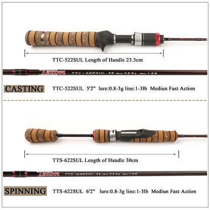 Super Ultralight 1.56m 5'2" Casting 1.86m 6'2" Spinning Soft Carbon Fishing Rod Lure Fish Cane Stick 0.8-3g