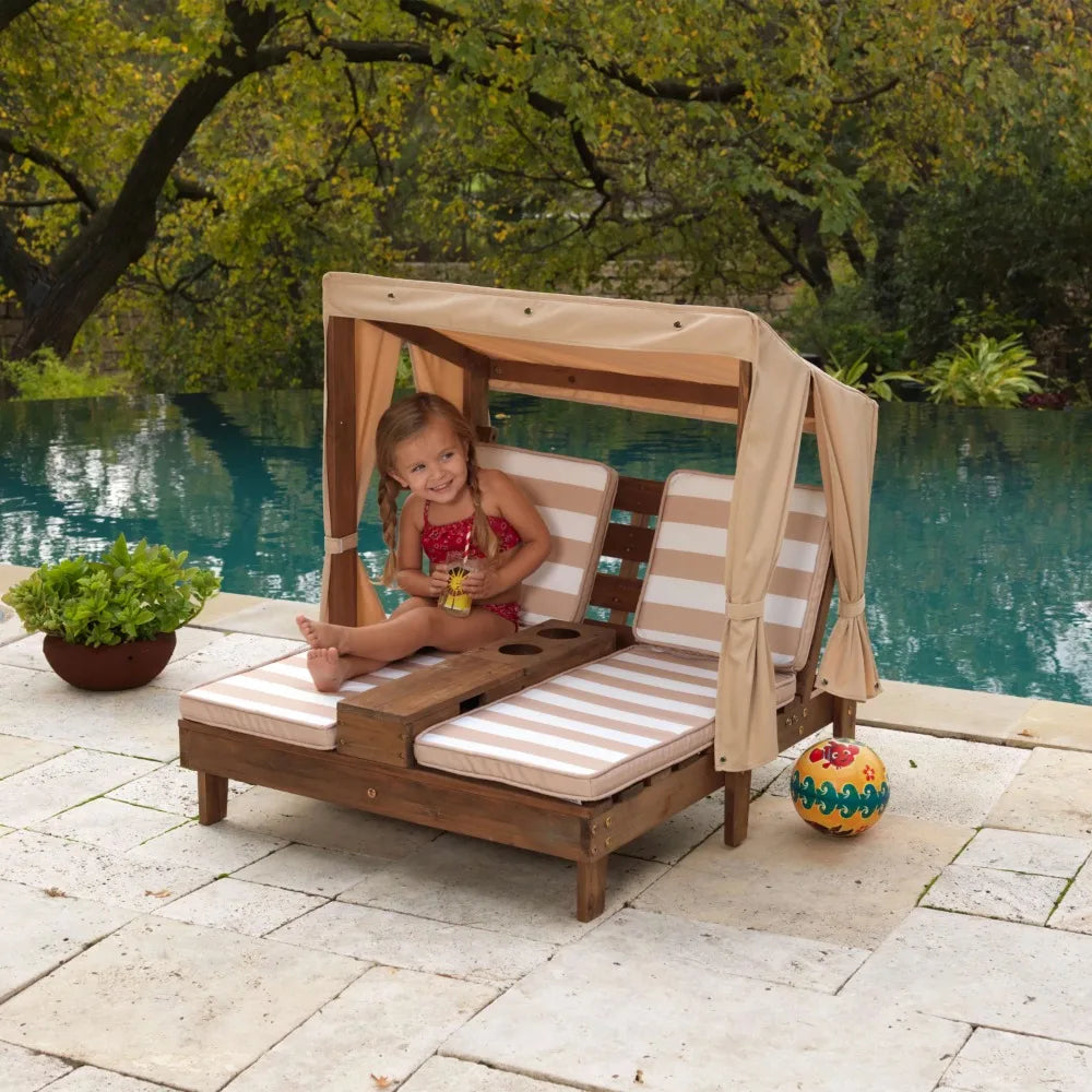 Wooden Outdoor Double Chaise Lounge with Cup Holders