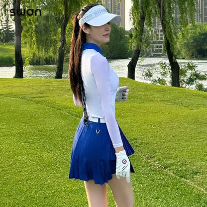 Ladies Sun Proteced Ice Silk Shirts Long-sleeved Golf Tops Women Anti-light Pleated Skort A-lined Skirt Golf Suits