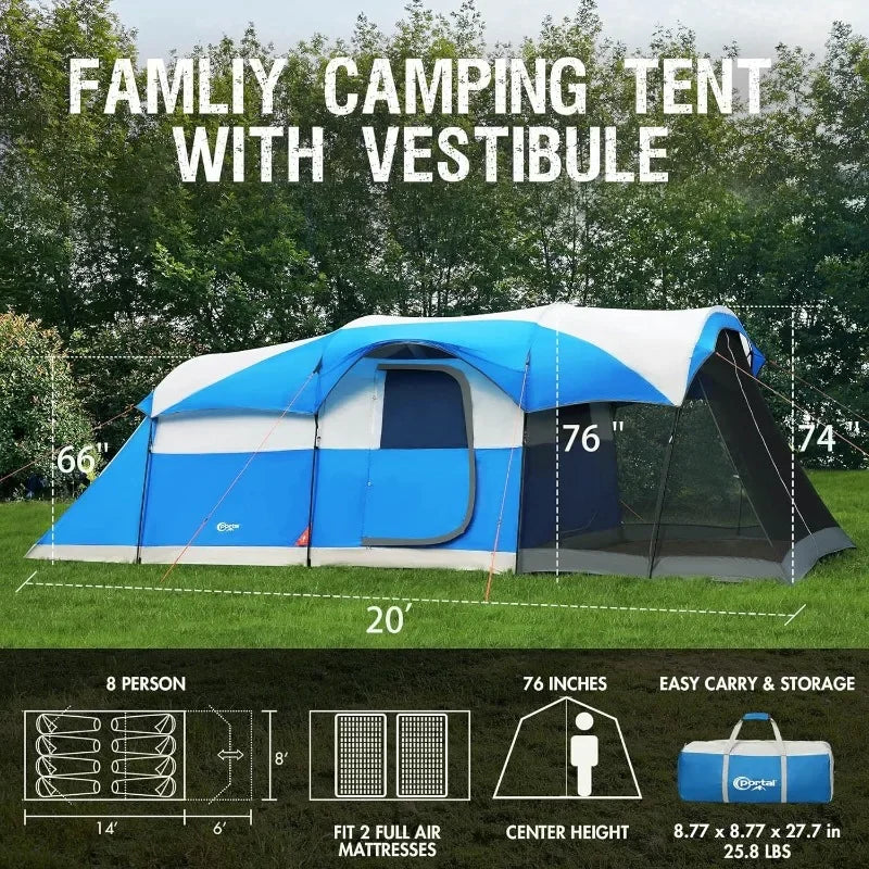 8 Person Family Camping Tent with Screen Porch