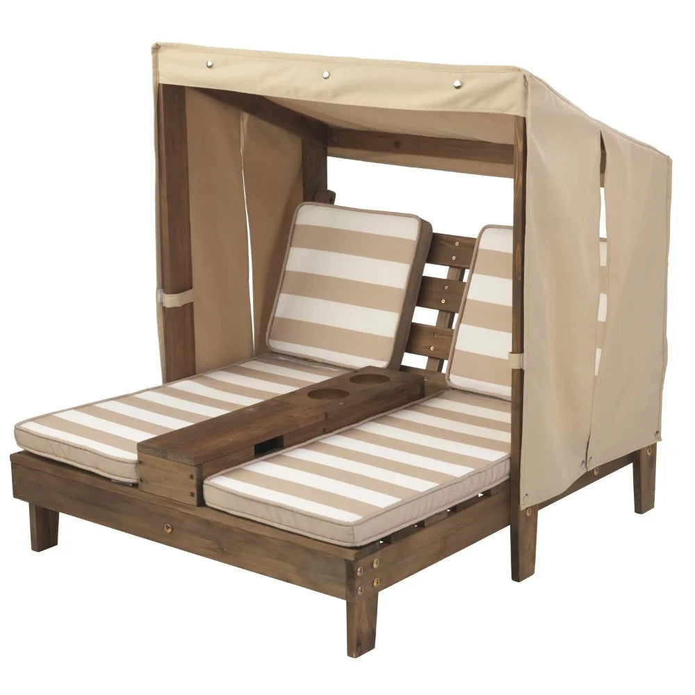 Wooden Outdoor Double Chaise Lounge with Cup Holders