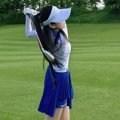 Ladies Sun Proteced Ice Silk Shirts Long-sleeved Golf Tops Women Anti-light Pleated Skort A-lined Skirt Golf Suits