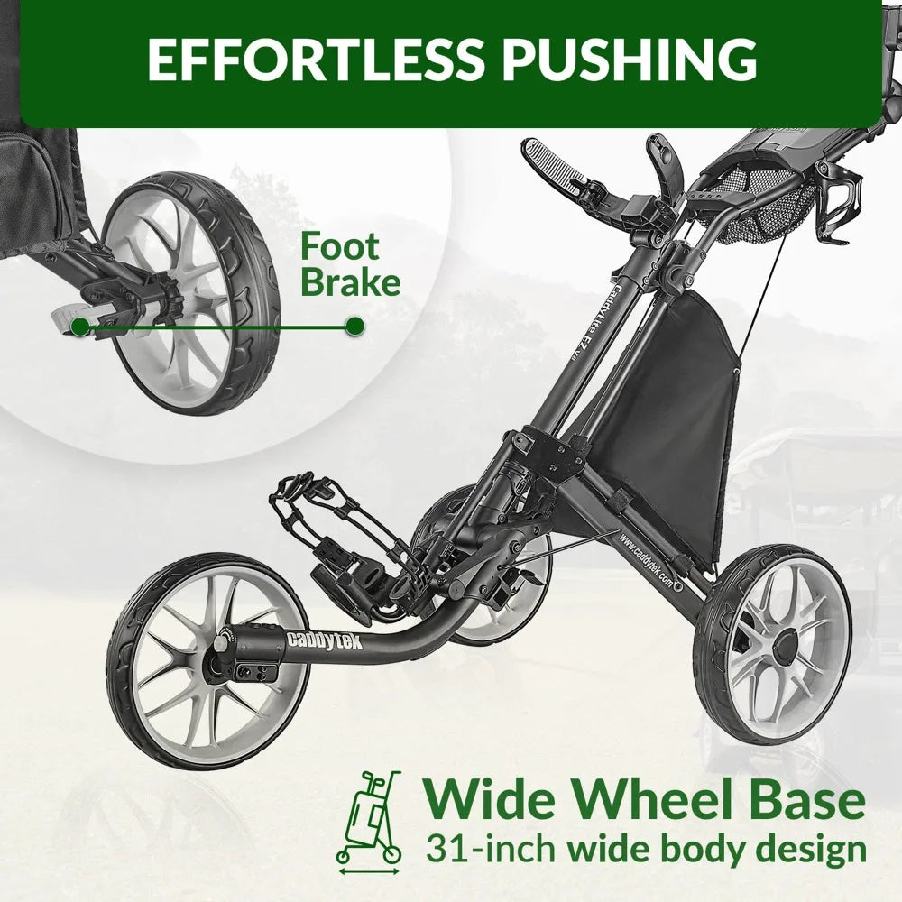 Foldable Collapsible Lightweight 3 Wheel Golf Push Cart - with Foot Brake